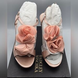 New In The Box Badgley Mischka Randee satin ruffle flower sandals.